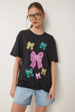 Siyah Fiyonk Baskılı Örme T-Shirt VN00024
