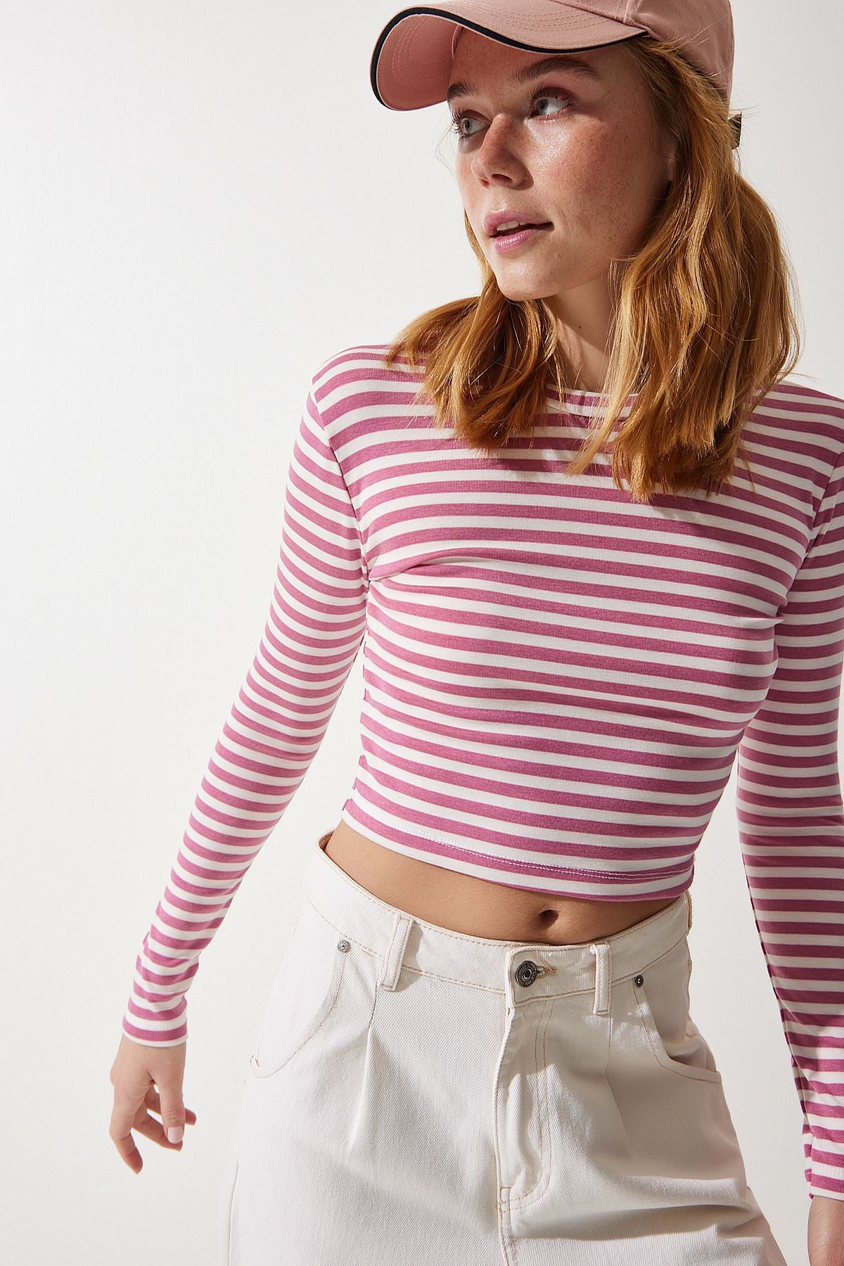 Gül Kurusu Bisiklet Yaka Çizgili Crop Örme Bluz CR00424