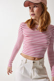 Gül Kurusu Bisiklet Yaka Çizgili Crop Örme Bluz CR00424