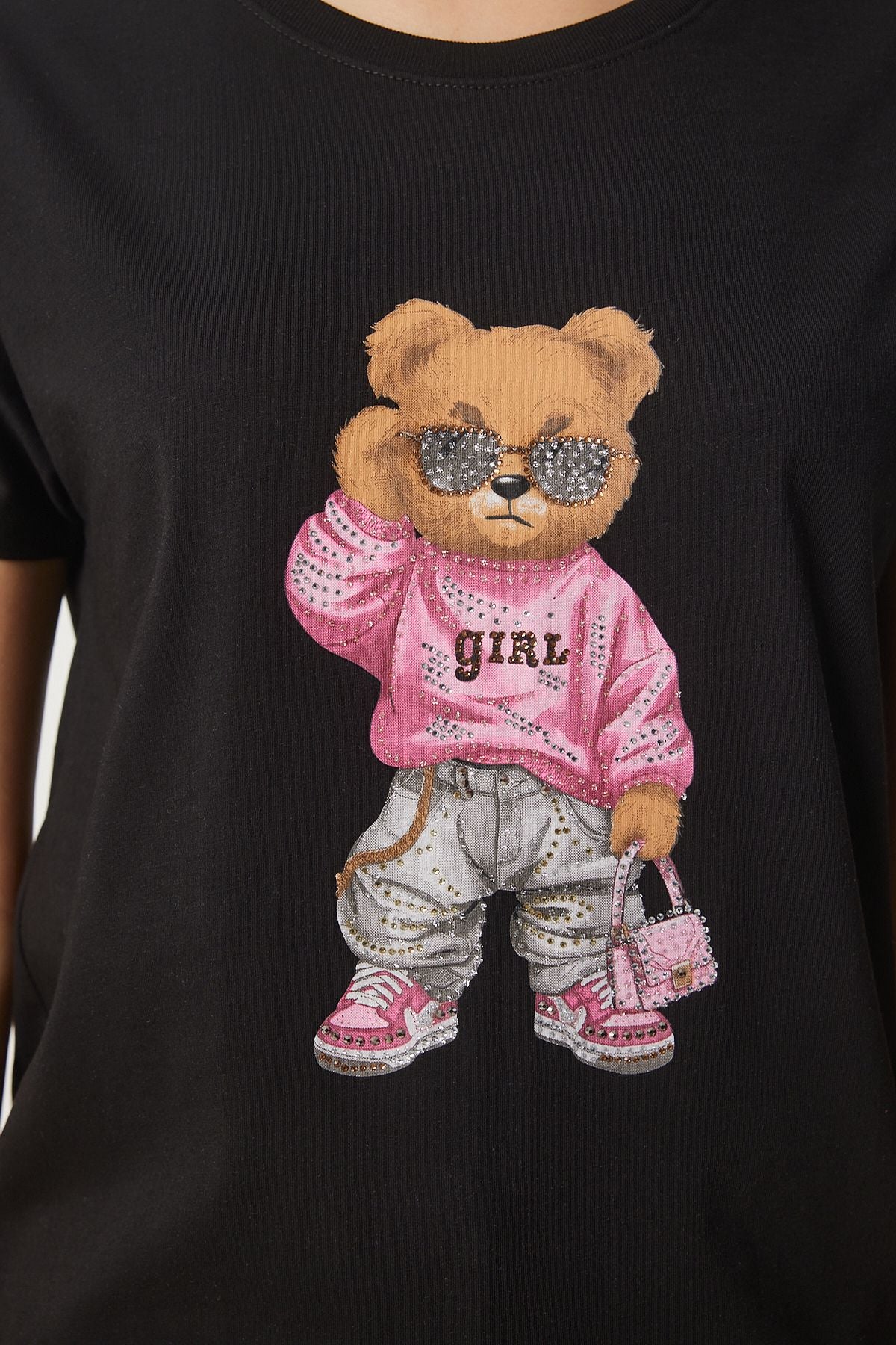Siyah Taş Detaylı Ayıcık Baskılı Örme T-Shirt BW00001