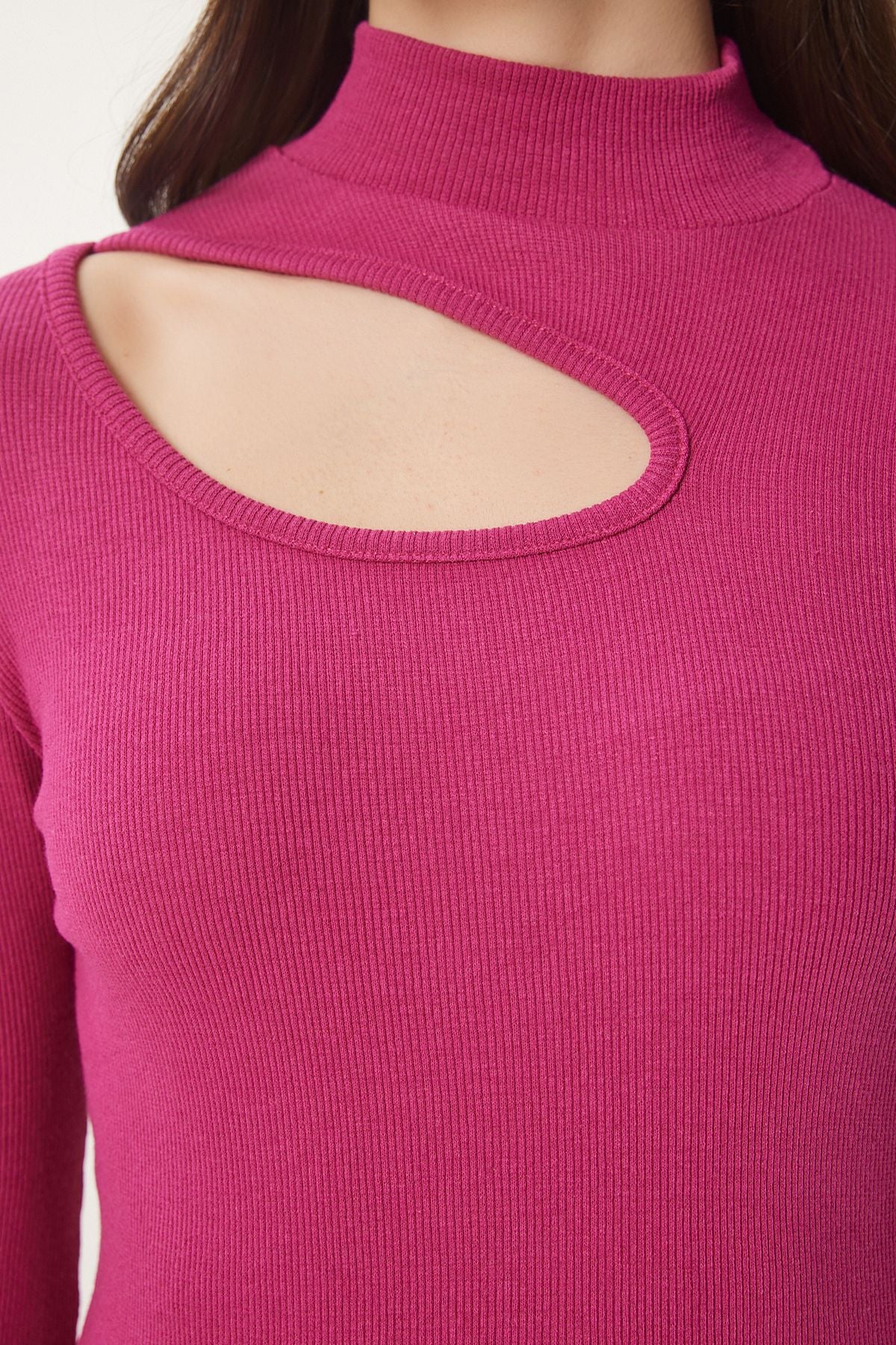 Açık Mürdüm Cut Out Detaylı Fitilli Örme Bluz GT00065