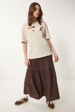 Krem Nakışlı Pamuklu Oversize Örme T-Shirt CR00457