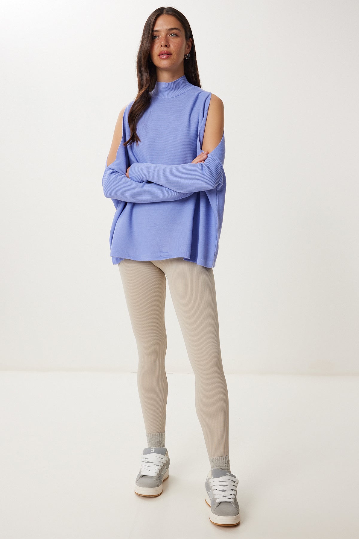 Koyu Lila Cut Out Detaylı Oversize Triko Kazak AS00015
