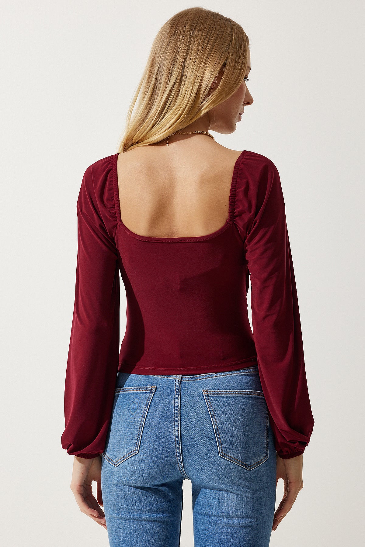 Bordo Elastik Balon Kollu Sandy Örme Bluz FF00154