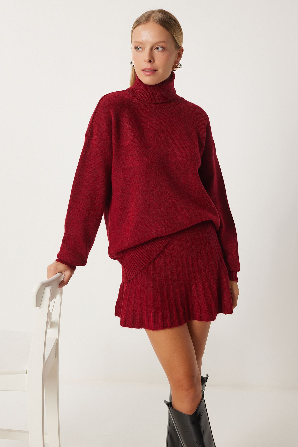 Bordo Balıkçı Yaka Triko Kazak Etek Takım DD01343