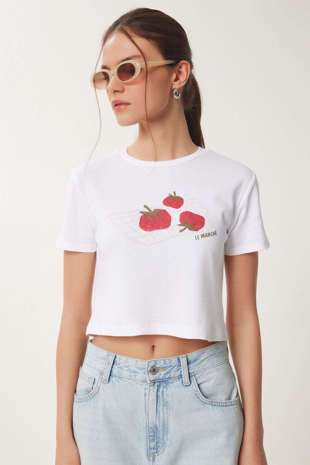 Beyaz Baskılı Crop Örme T-Shirt WO00053