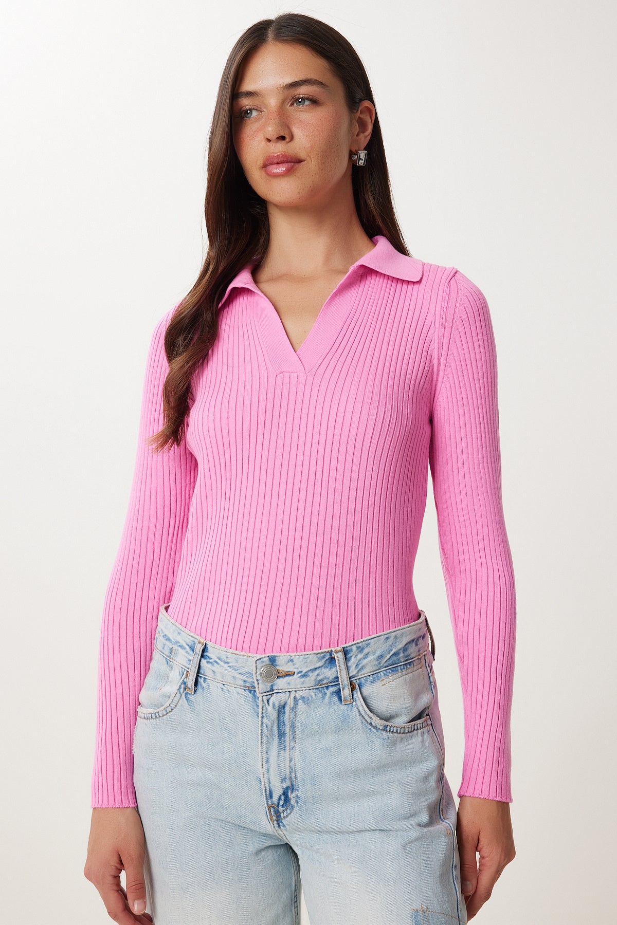 Pembe Polo Yaka Fitilli Triko Kazak VA00028