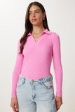 Pembe Polo Yaka Fitilli Triko Kazak VA00028