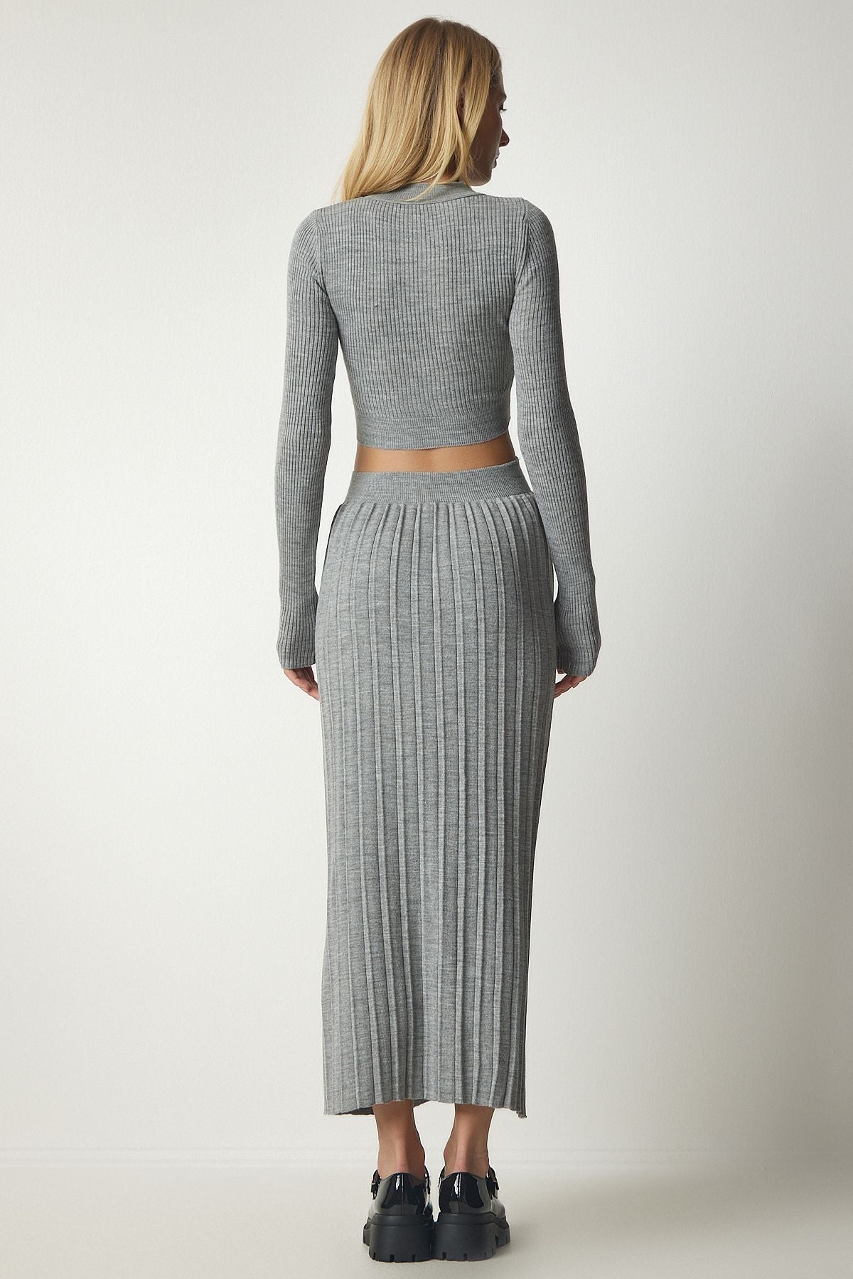 Gri Fitilli Triko Crop Etek Takım Kİ00106