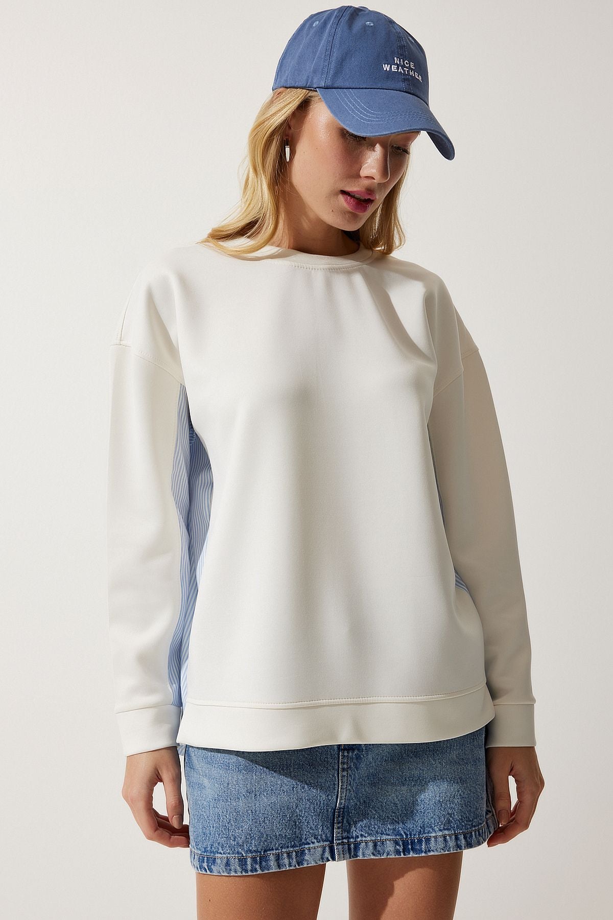 Ekru Mavi Poplin Detaylı Örme Sweatshirt MC00274
