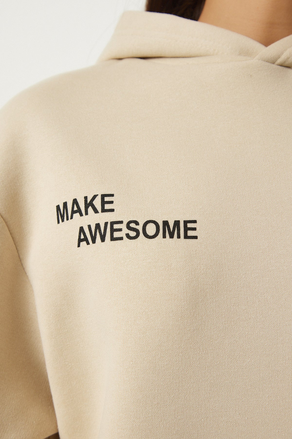Bej Kapüşonlu Şardonlu Örme Sweatshirt OW00009