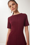 Bordo Kloş Midi Yazlık Örme Elbise ZH00047