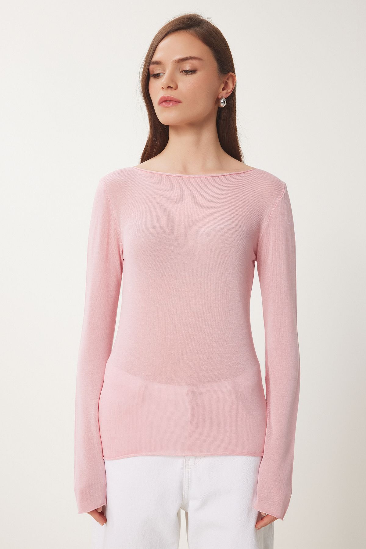 Pembe Kayık Yaka Mevsimlik Triko Bluz YY00231