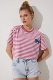 Pembe Nakış Detaylı Çizgili %100 Pamuk Crop Örme T-Shirt CR00436