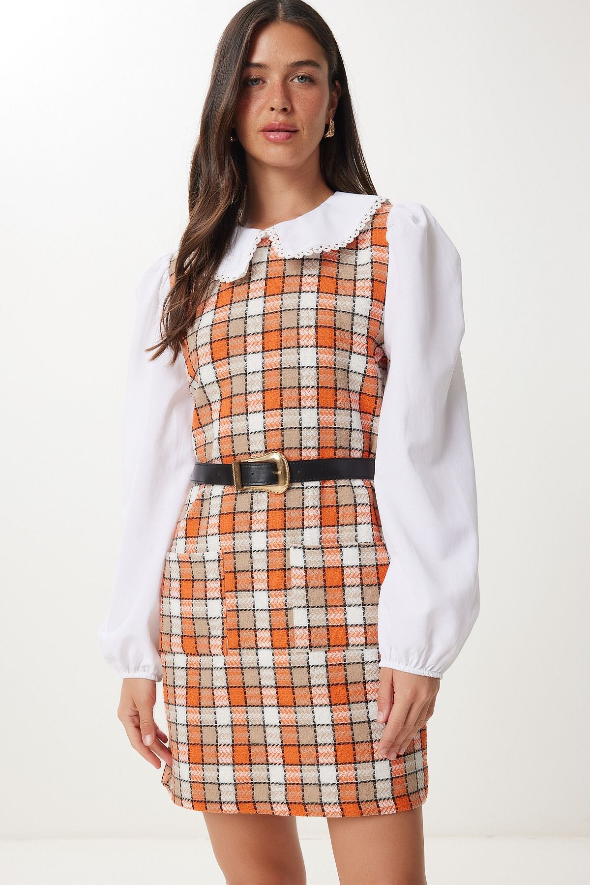 Oranj Kemik Kemerli Mini Tüvit Elbise RG00078