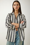 Krem Siyah Çizgili Oversize Örme Gömlek SF00007