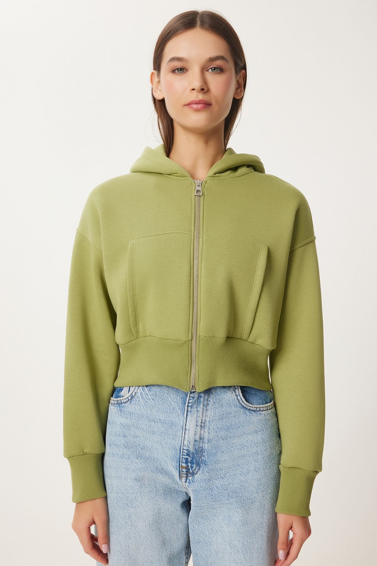Fıstık Yeşili Kapüşonlu Şardonlu Fermuarlı Sweatshirt OW00051