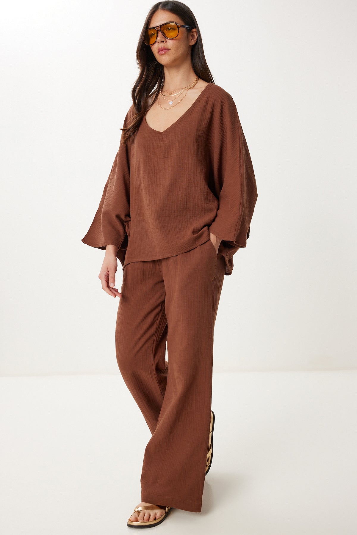 Kahverengi Müslin Bluz Pantolon Takım  FN03473
