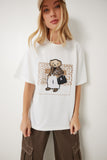 Ekru Ayıcık Armalı Pamuklu Oversize Örme T-Shirt CR00464