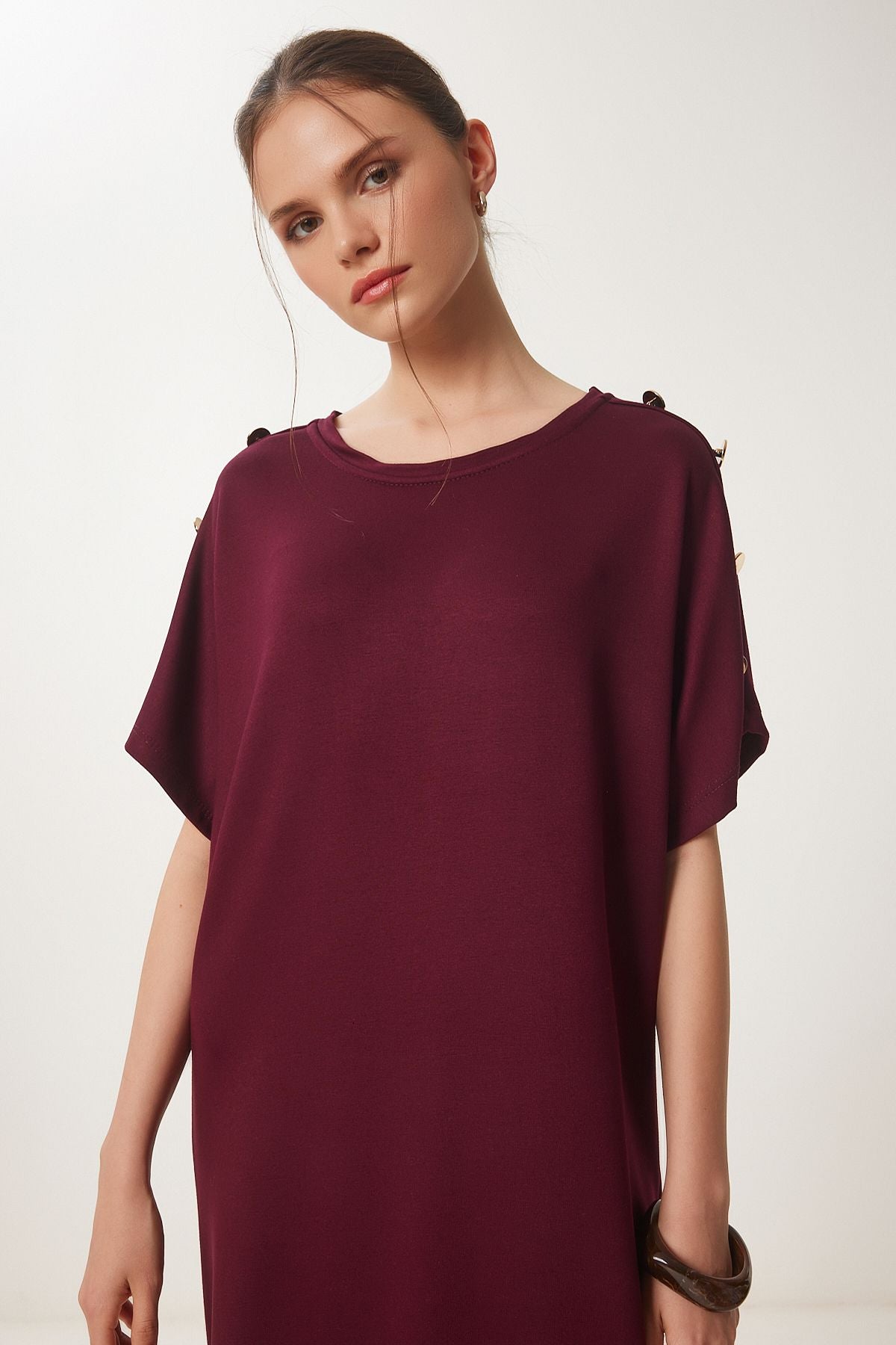 Bordo Düğme Detaylı Yazlık Örme Elbise ZV00291