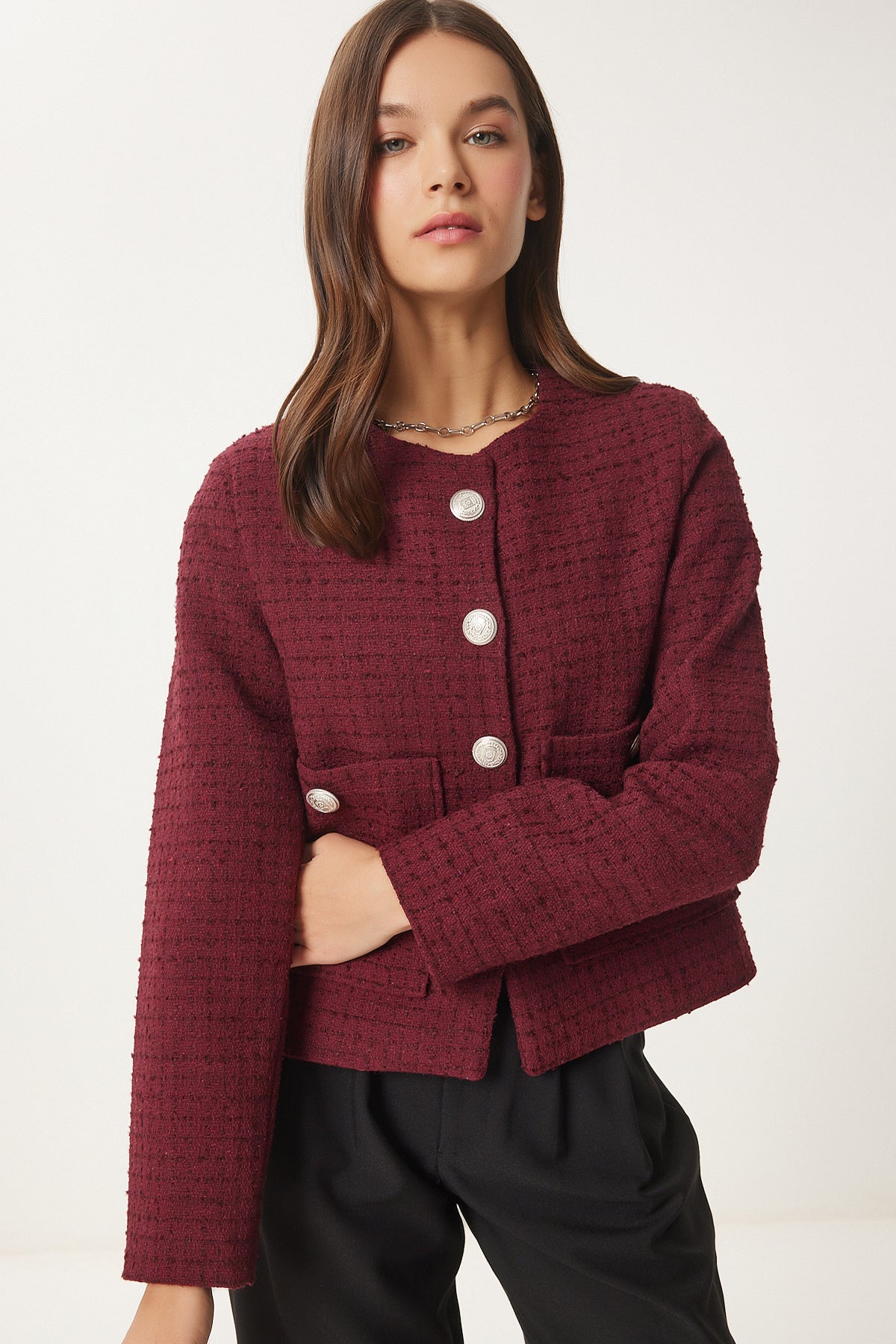 Bordo Düğmeli Tüvit Ceket WF00048
