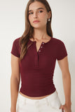 Bordo Çıtçıtlı Basic Örme Crop Bluz FW00004