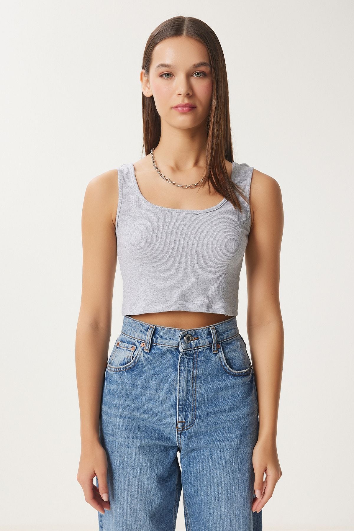 Gri Melanj Askılı Fitilli Crop Örme Bluz GT00030