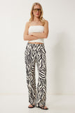 Siyah Krem Zebra Desenli Saten Yüzeyli Dökümlü Pantolon CR00492