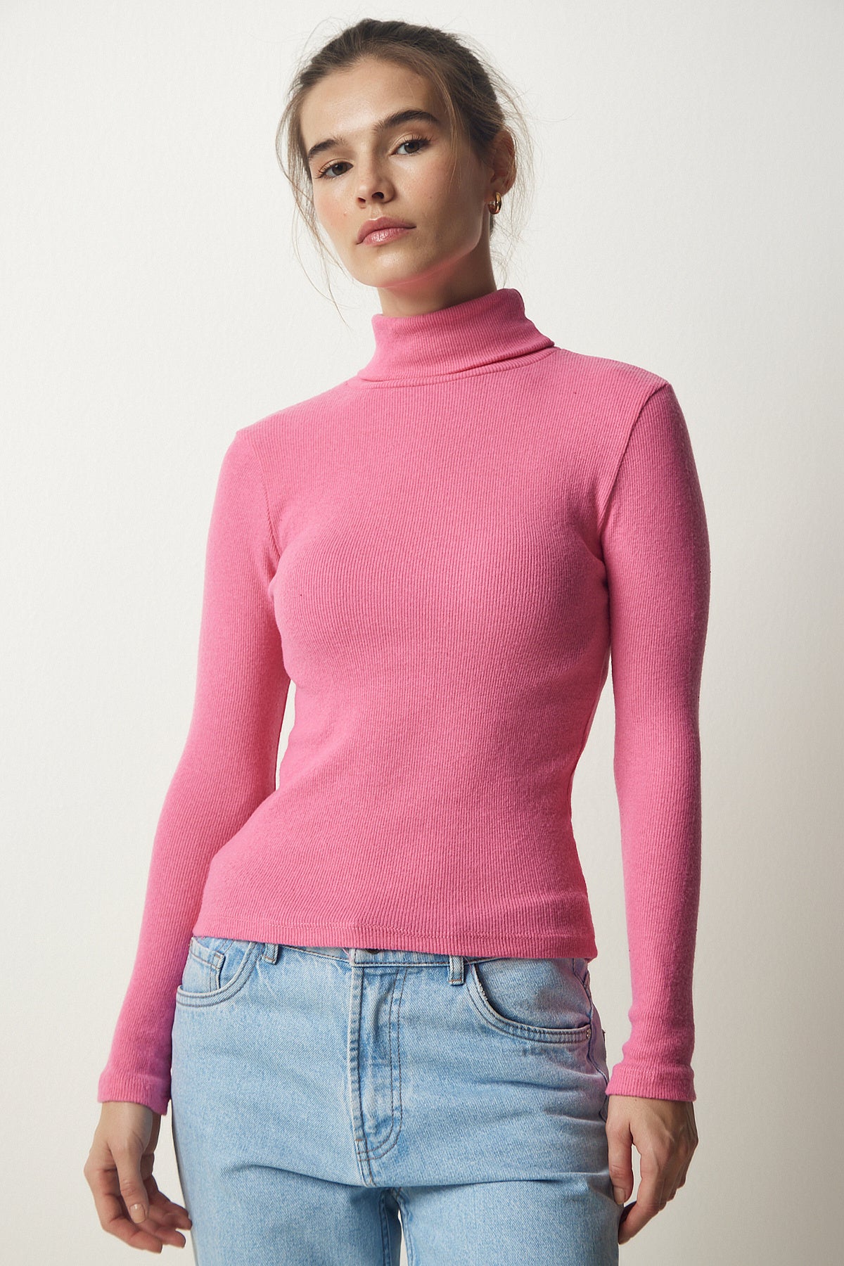 Pembe Balıkçı Yaka Fitilli Örme Bluz HJ00008