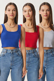 Kırmızı Gri Melanj Koyu Mavi 3'lü Paket Askılı Crop Örme Bluz GT00200