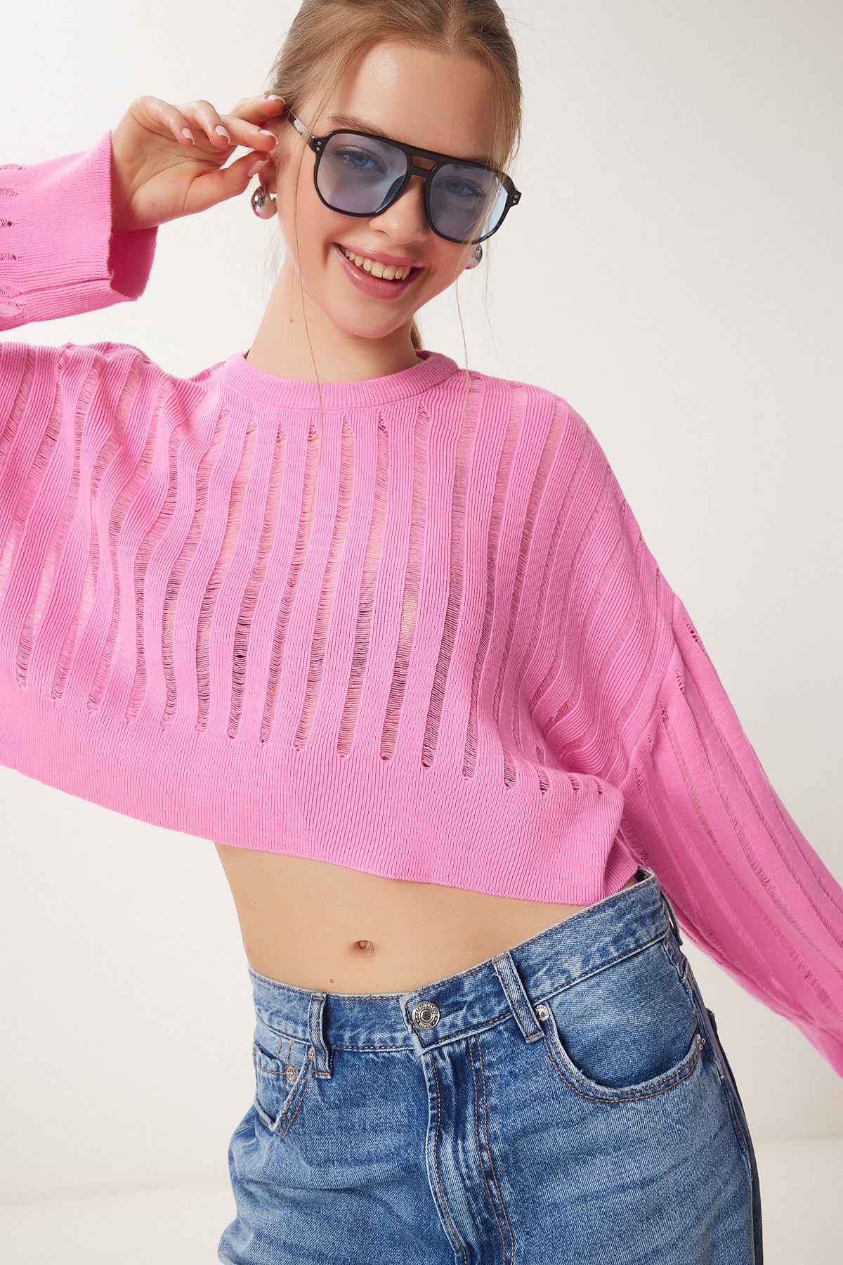Açık Pembe Ajurlu Crop Triko Kazak MT00147