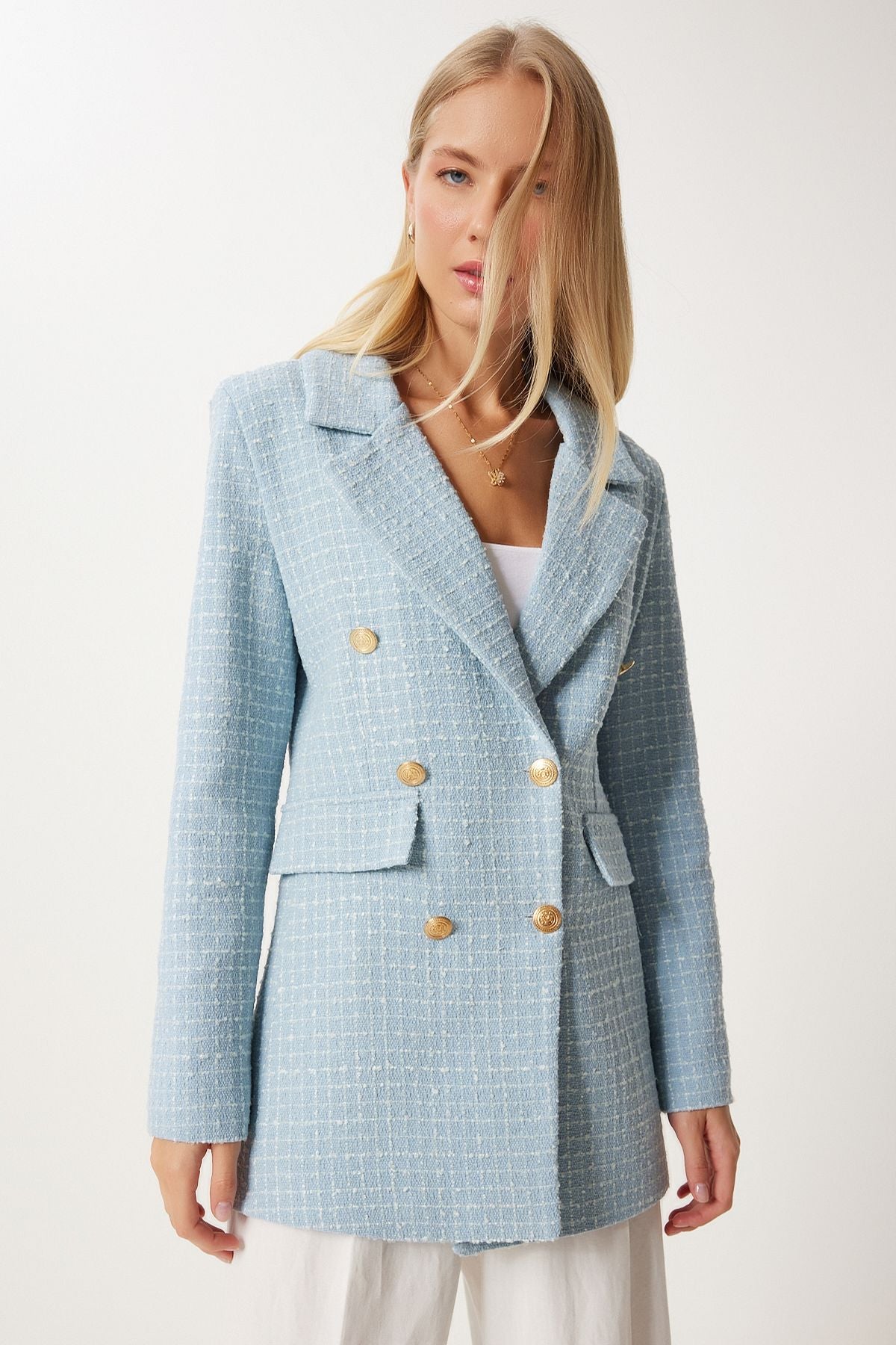 Gök Mavi Dügmeli Blazer Tüvit Ceket WF00004