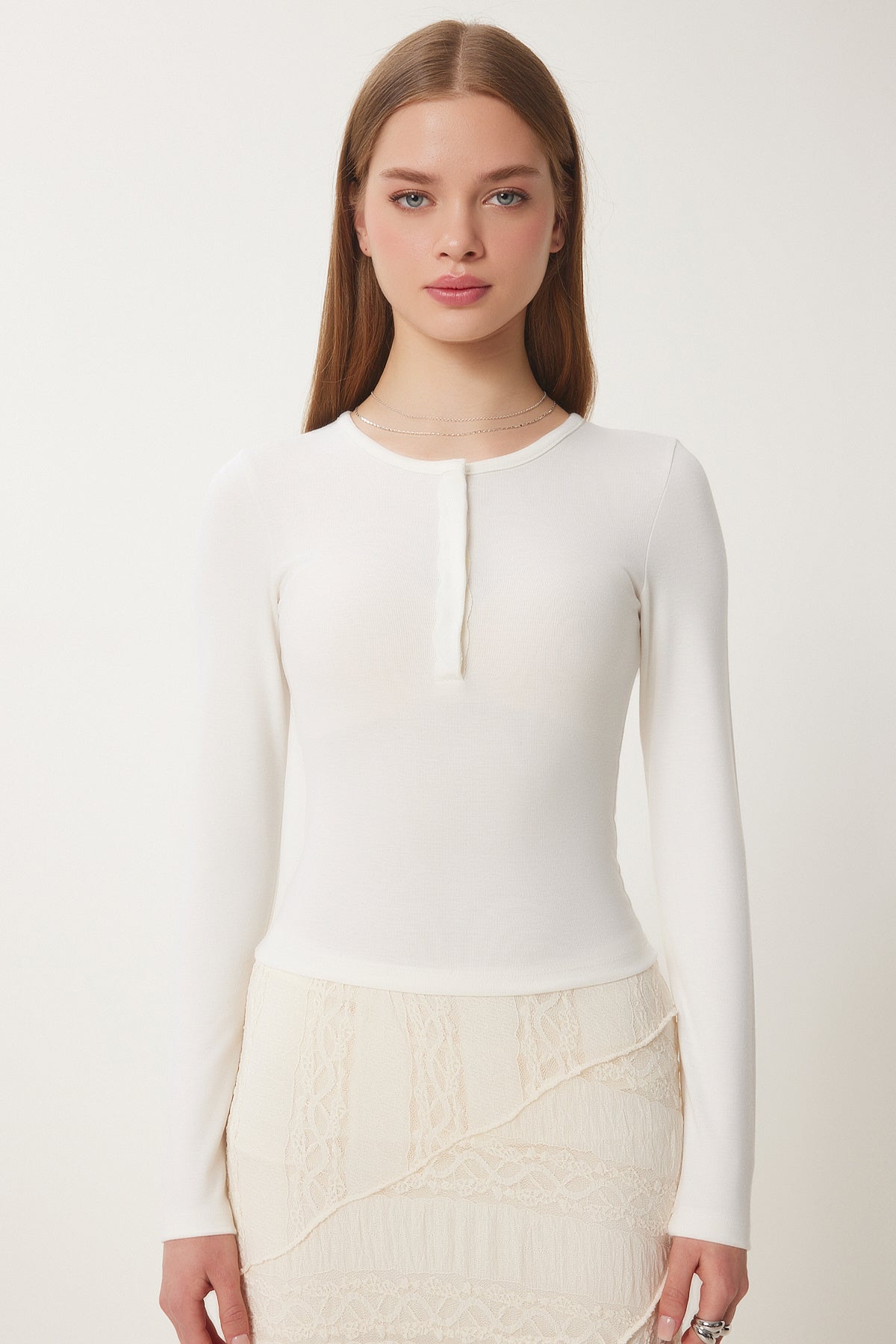 Kemik Çıtçıtlı Basic Örme Crop Bluz FW00002