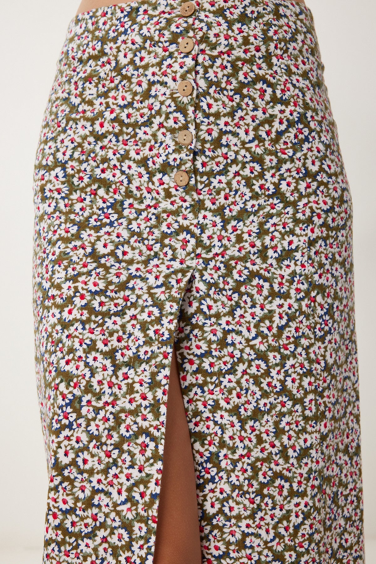 Haki Kemik Desenli Keten Crop Etek Takım FK00025