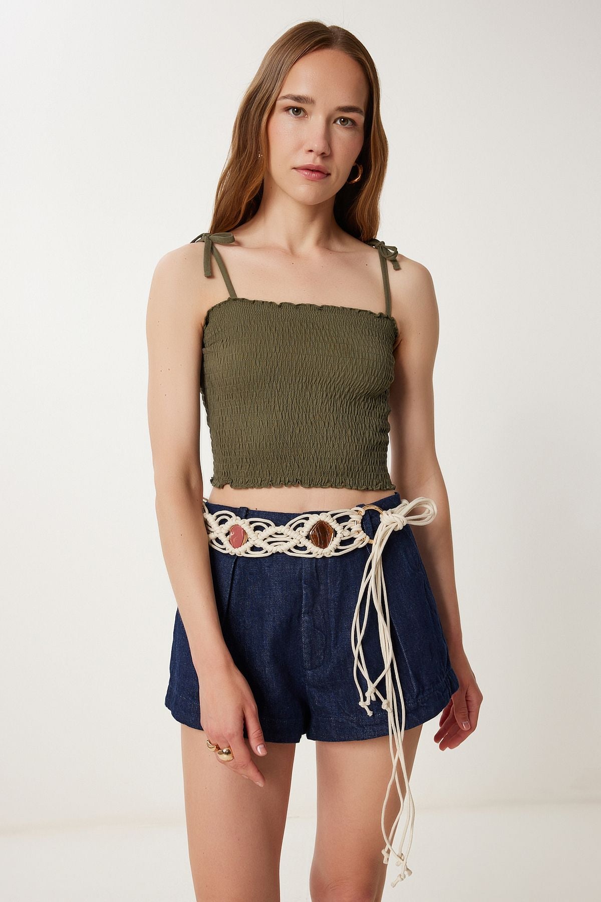 Haki Hardal 2’Li Paket Askılı Esnek Crop Örme Bluz WF00157