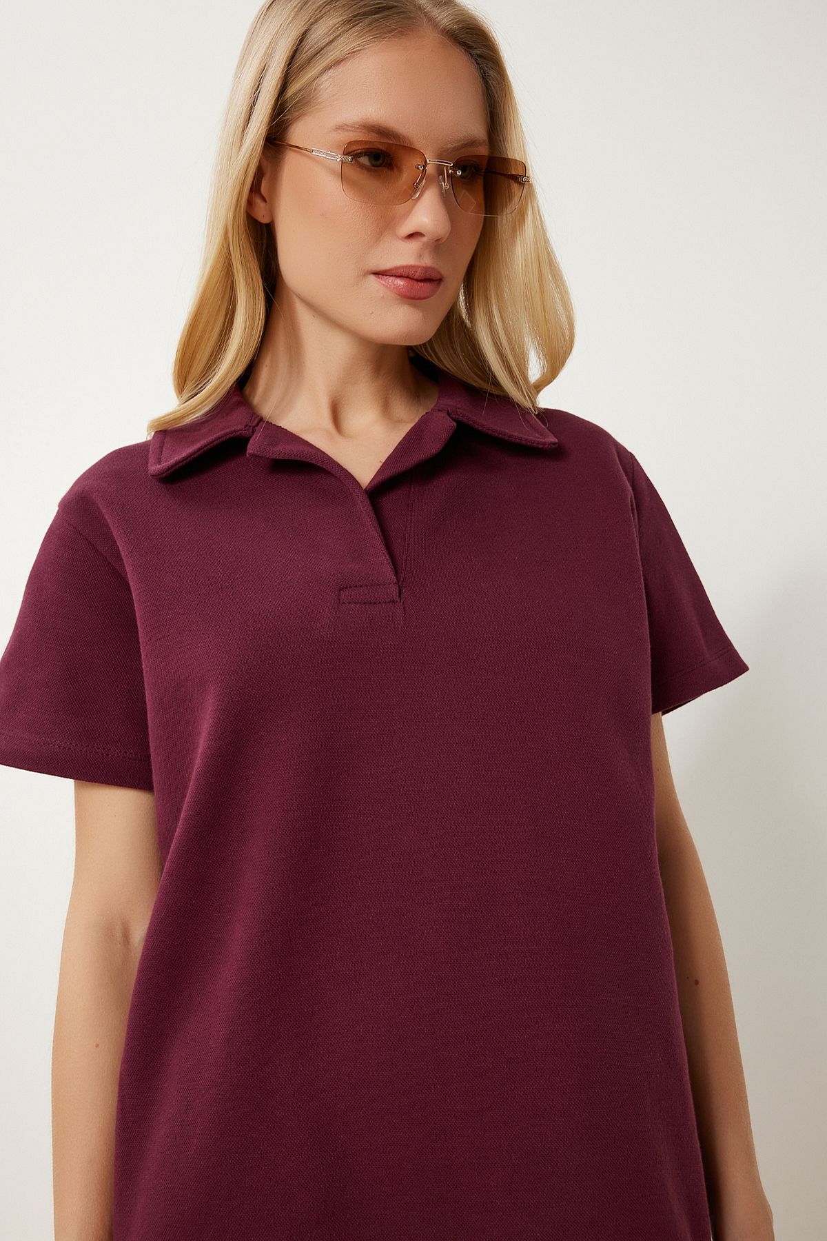 Bordo Polo Yaka Pike Örme Mini Elbise DP00253