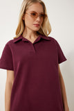 Bordo Polo Yaka Pike Örme Mini Elbise DP00253