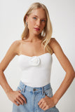 Ekru Gül Detaylı Straplez Crop Triko Bluz  FN03368