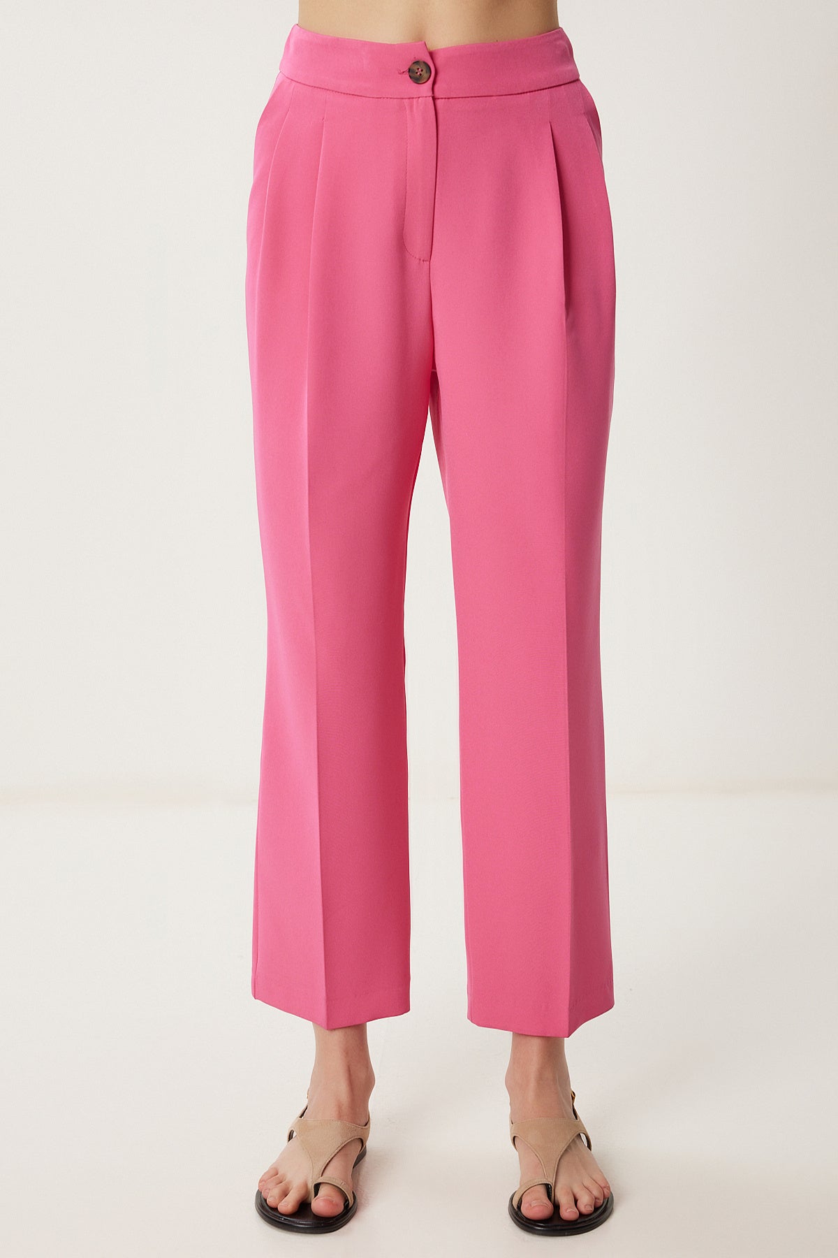 Pembe Yüksek Bel Pensli Dokuma Pantolon WF00121
