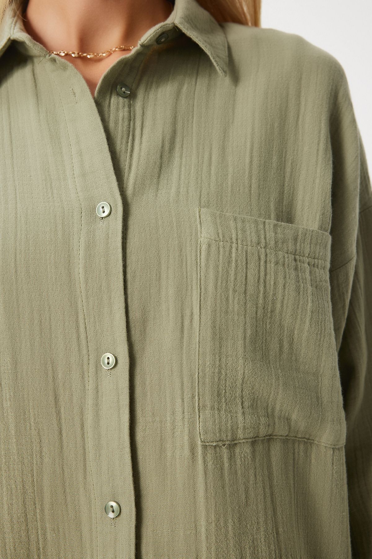 Çağla Yeşili Oversize Basic Müslin Gömlek  MX00150
