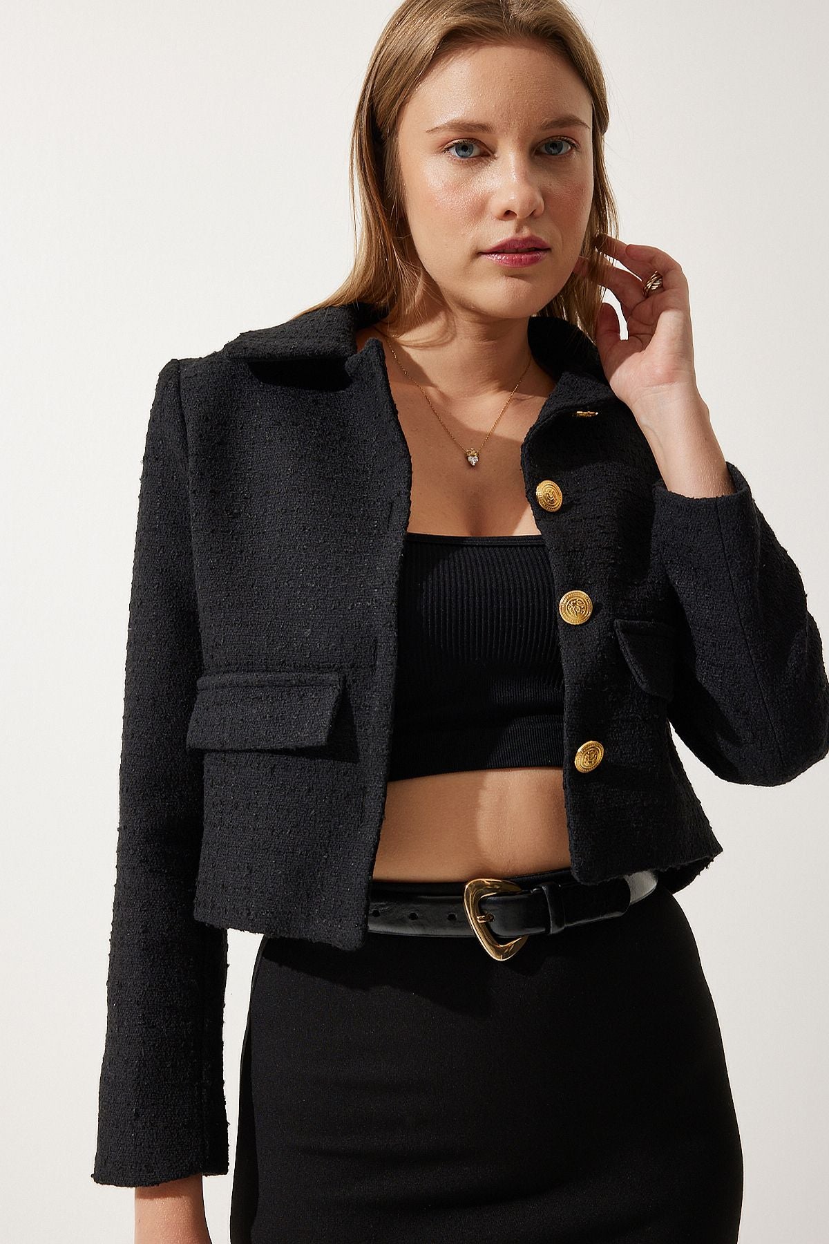 Siyah Crop Tüvit Blazer Ceket TO00039