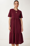 Bordo Oversize Volanlı Yazlık Örme Elbise CR00475