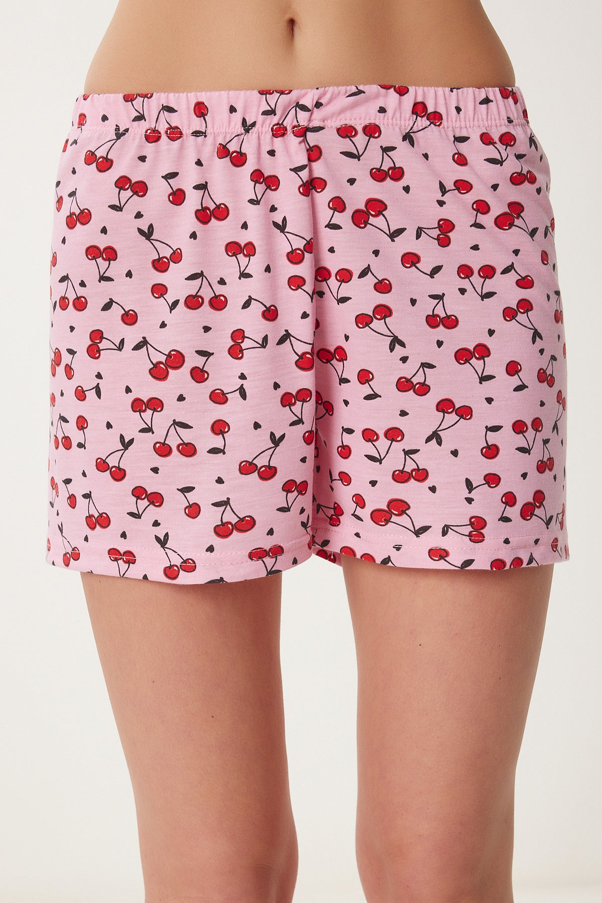 Koyu Pembe Beyaz Baskılı Şortlu Örme Pijama Takımı CE00096
