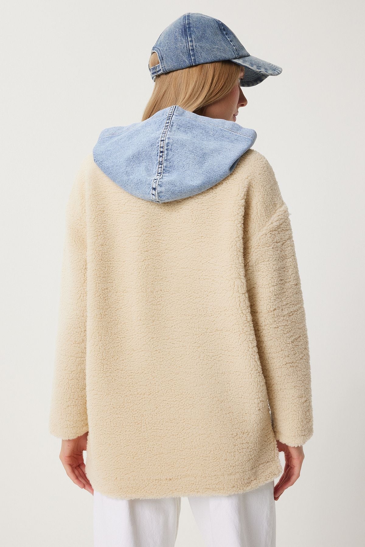 Krem Mavi Kapüşonlu Denim Detaylı Peluş Ceket NT00435
