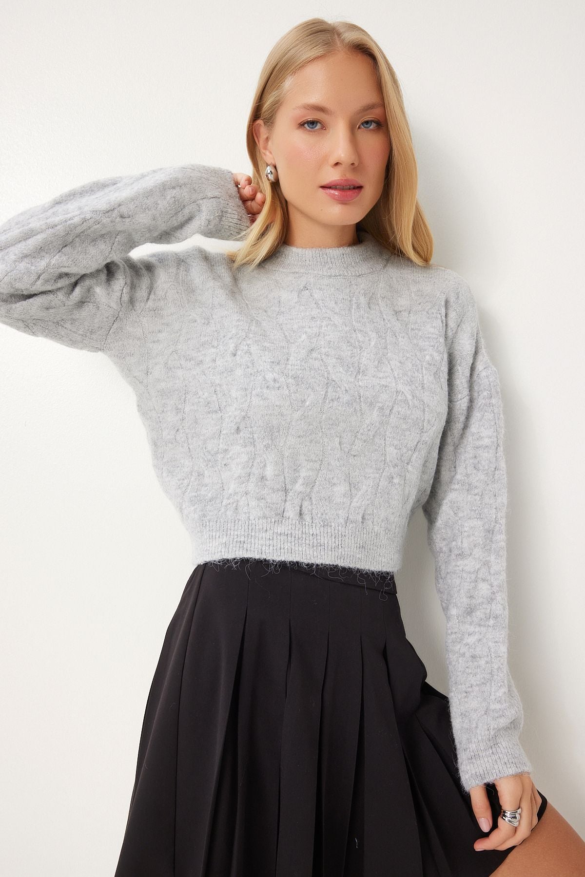 Gri Dokulu Crop Triko Kazak MX00170