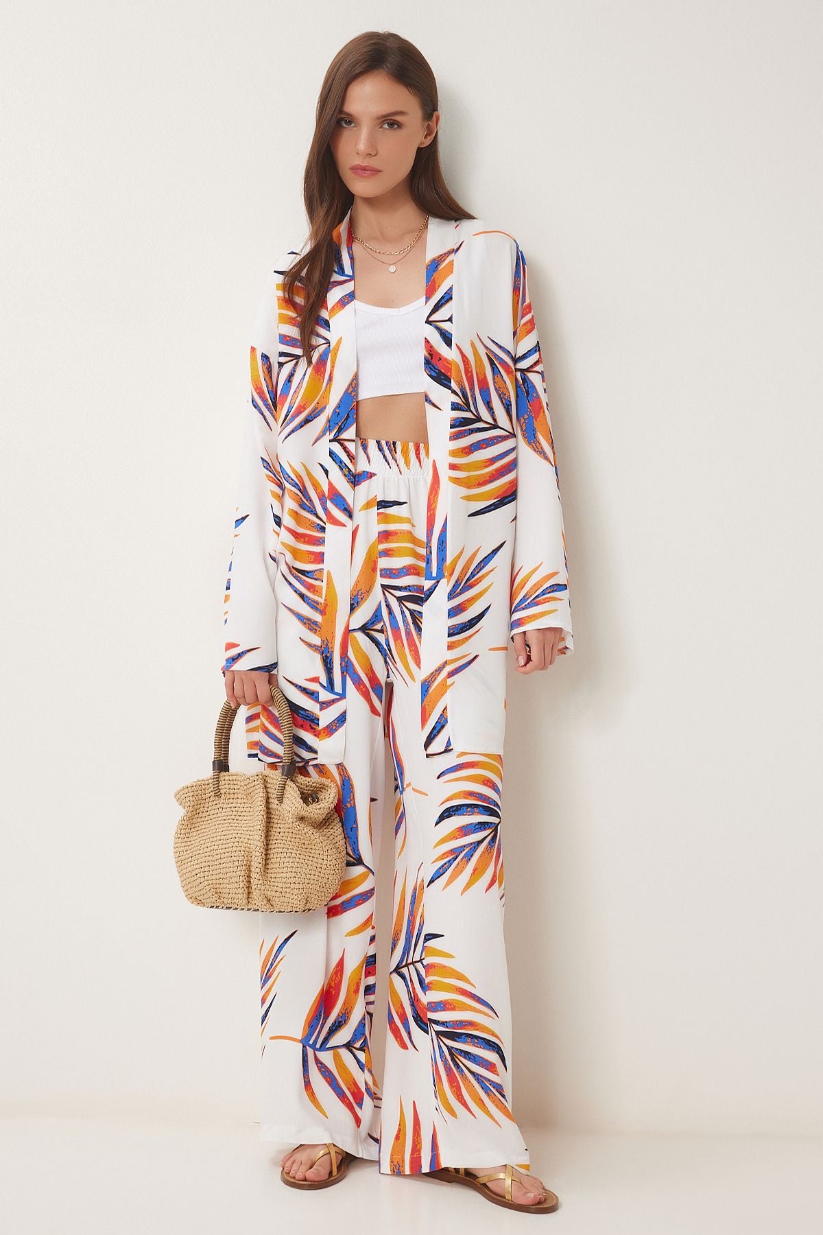 Oranj Beyaz Desenli Viskon Kimono Pantolon Takım JE00002