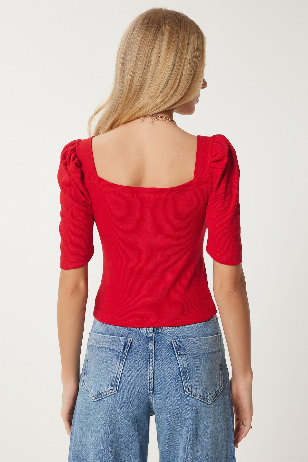 Kırmızı Kare  Yaka Fitilli Crop Bluz GT00007