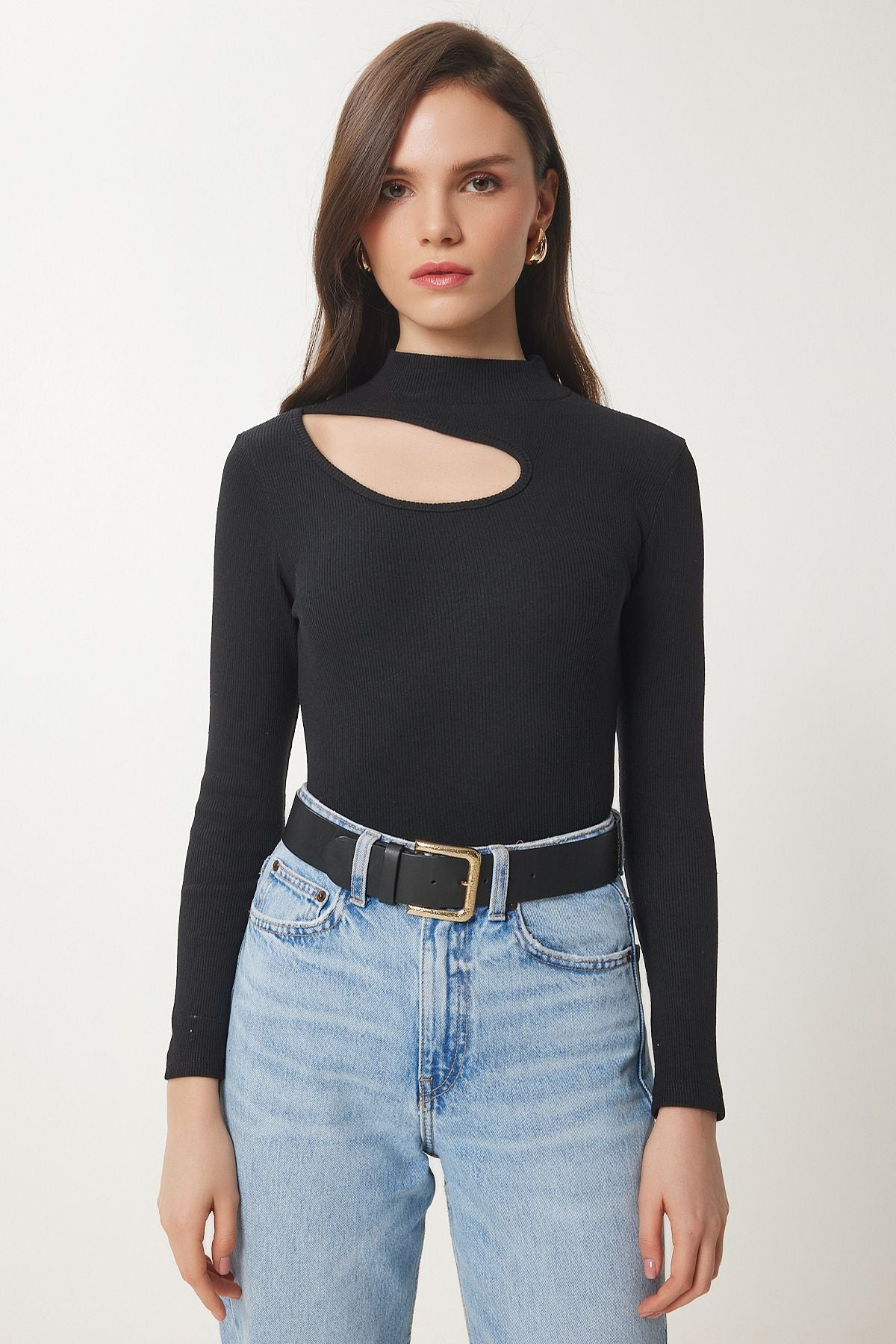 Siyah Beyaz 2'Li Paket Cut Out Detaylı Fitilli Örme Bluz GT00235