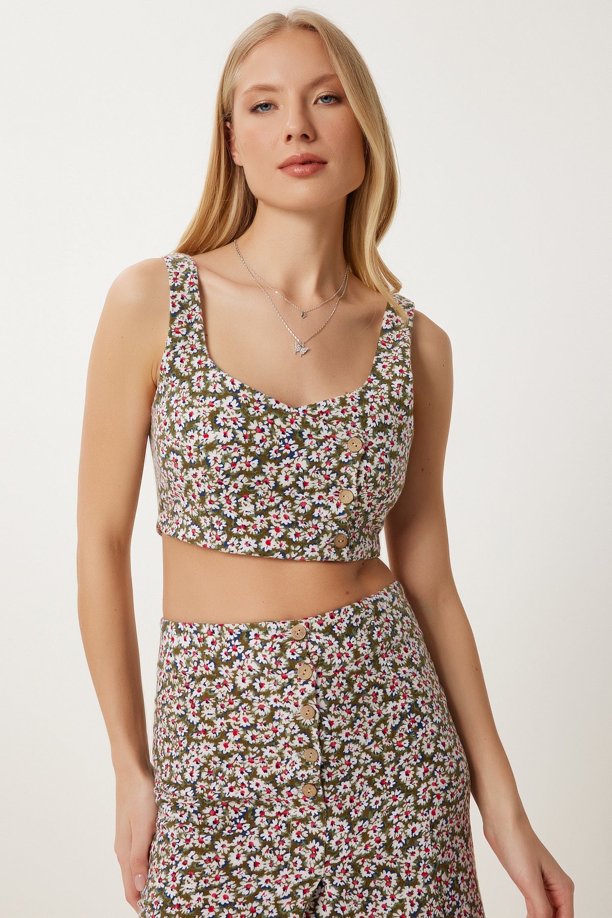Haki Kemik Desenli Keten Crop Etek Takım FK00025