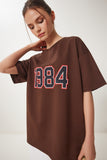 Kahverengi Oversize Baskılı Örme T-Shirt ZV00280